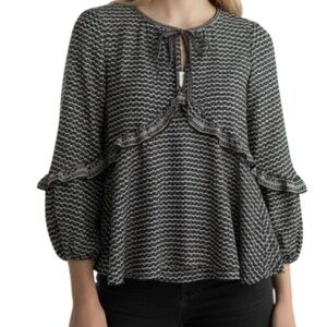 MAX STUDIO NWT Ruffled Tie Neck Balloon Sleeve Blouse Black White Pattern Size S